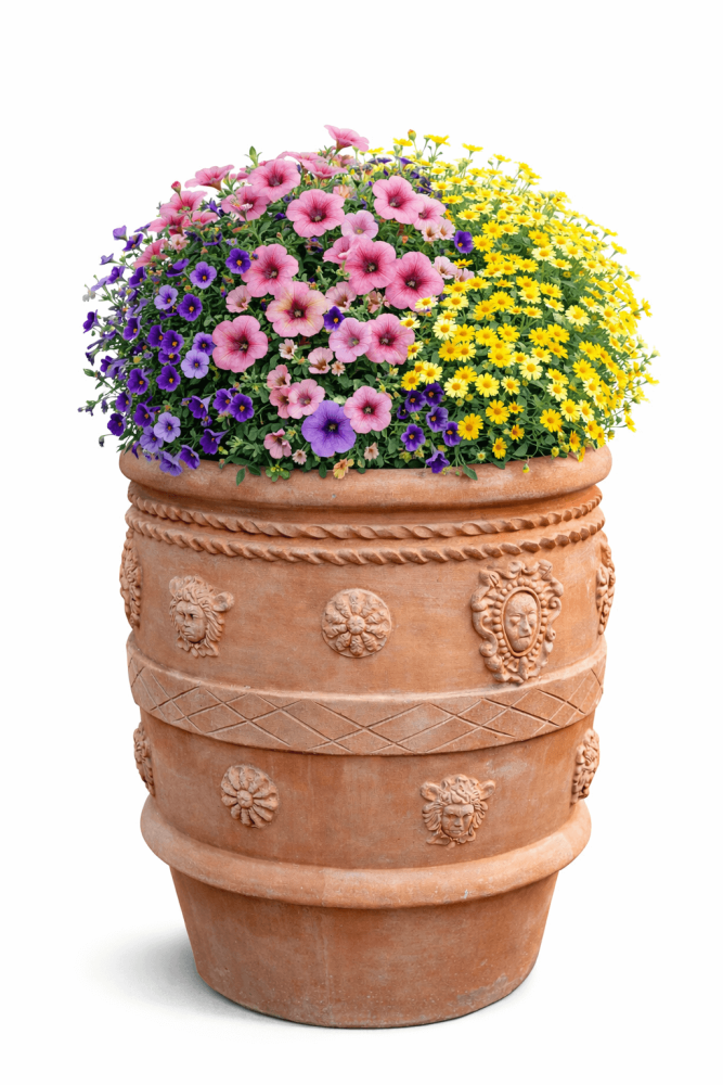 Pot de fleurs haut et richement décoré en terre cuite d’Impruneta –Conca snella anticia